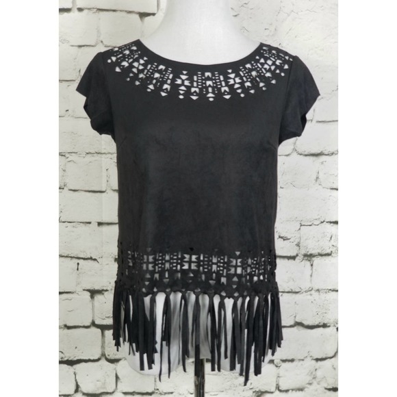 Hippie Boho Faux-Suede Fringe Festival Top Black Medium - Picture 3 of 9